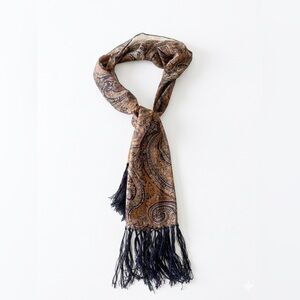 ECHO 100% Silk Paisley Scarf Brown Gold Black Fringe Long Rectangular
